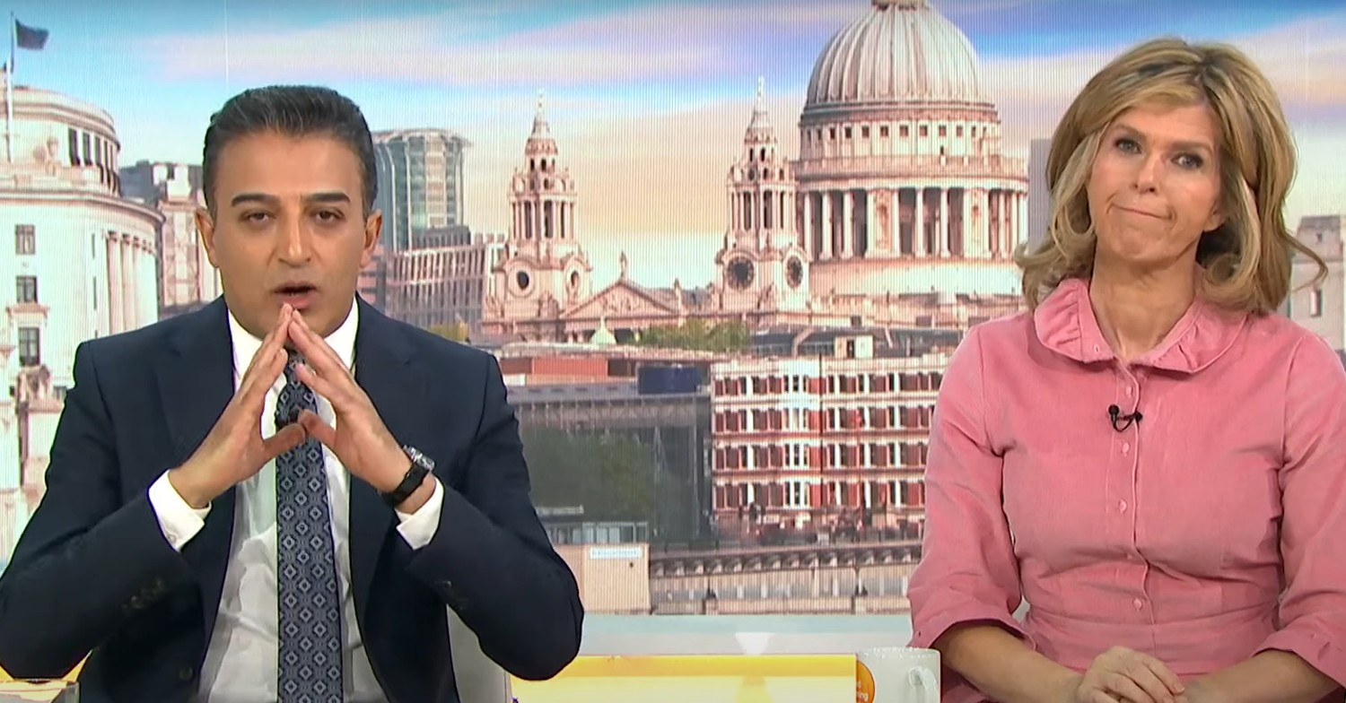 Kate Garraway, in pink dress, and Adil Ray hosting GMB today