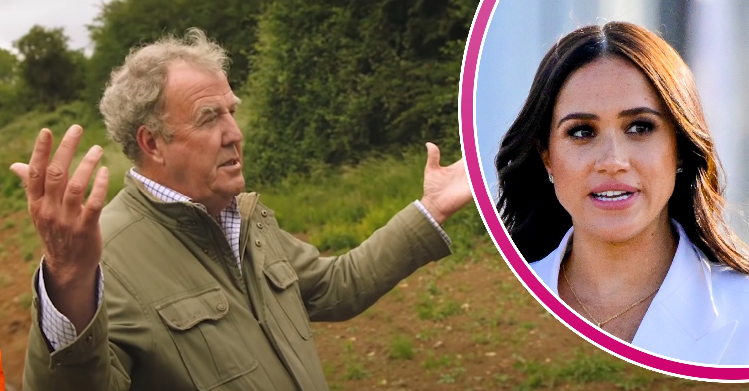 Jeremy Clarkson with his arms out wide on his Amazon show , Meghan Markle looking disgusted