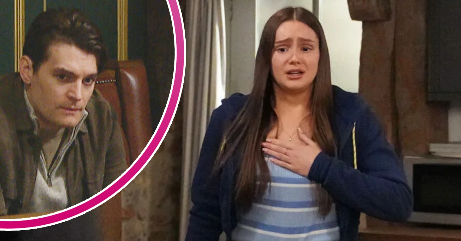 Sarah hyperventilating on Emmerdale - inset, Mack looks worried (Credit: ITV/Composite: Entertainment Daily)