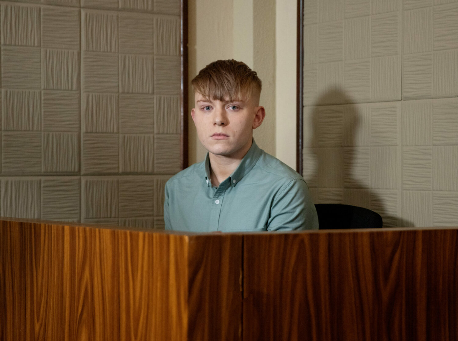 Max standing trial in the courtroom Box on coronation street