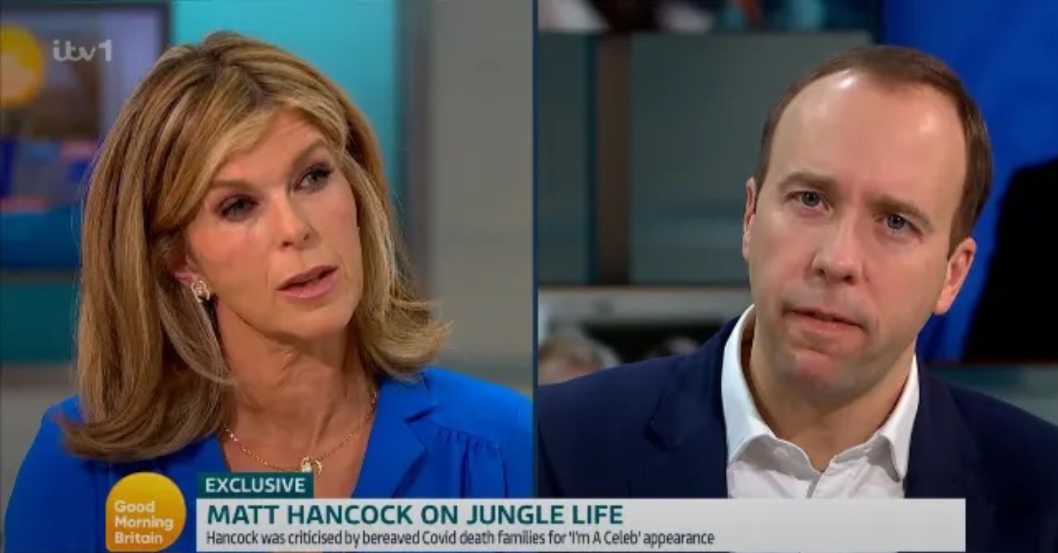 Kate Garraway holding back tears while Matt Hancock looks guilty