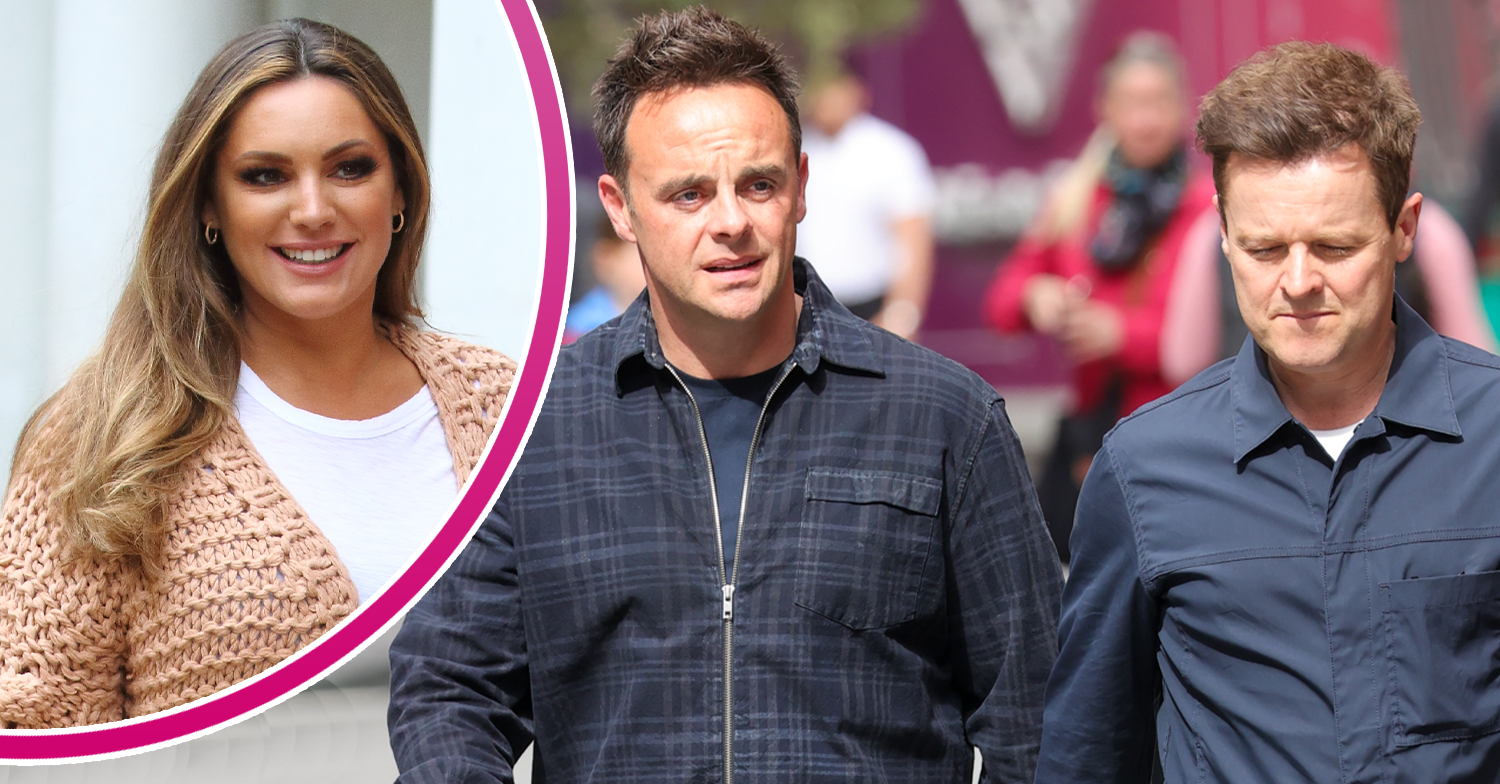 Kelly Brook smiling and Ant and Dec walking