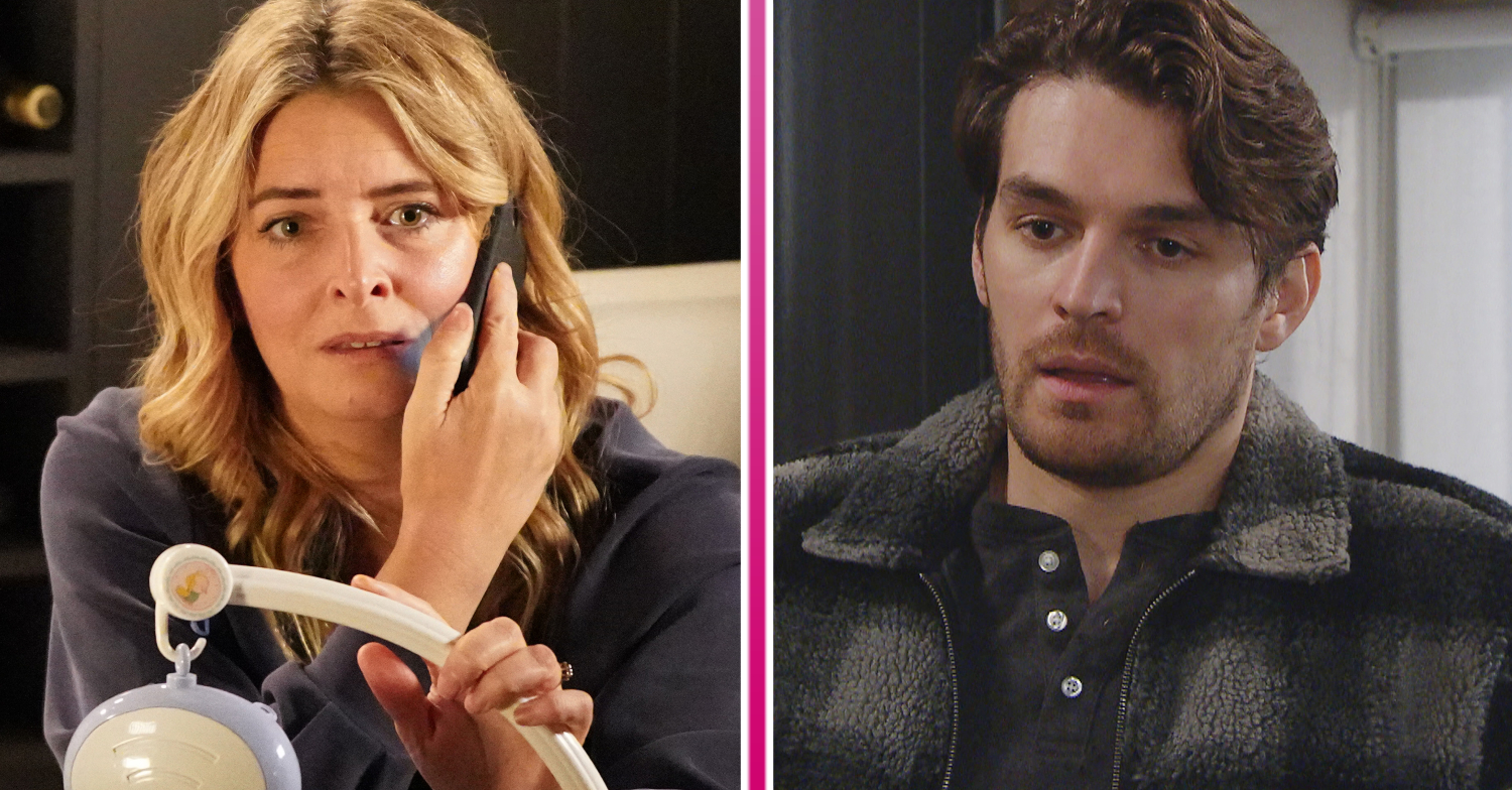 Emmerdale's Charity is on the phone looking shocked and Mack is looking guilty