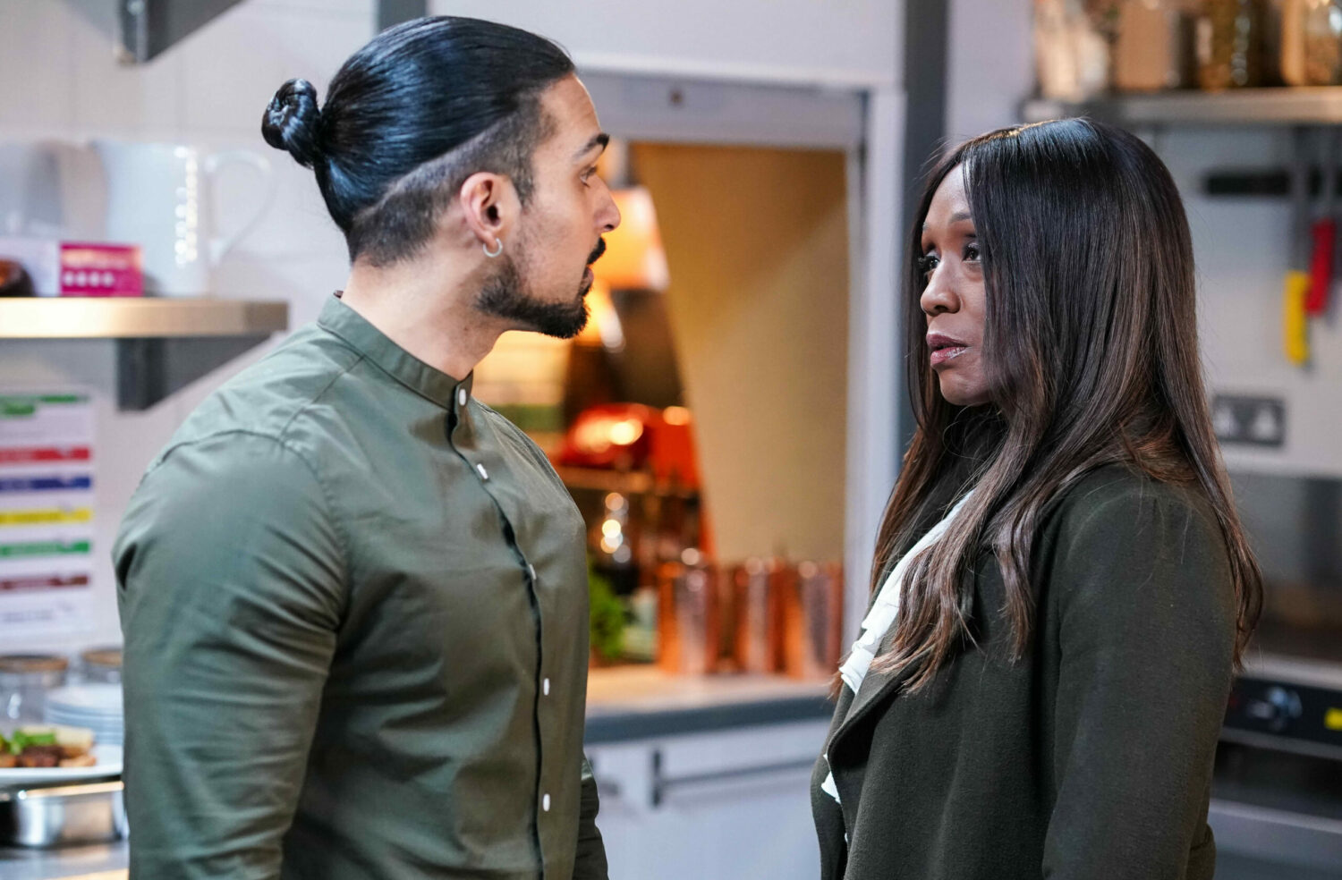 Ravi and Denise talking in EastEnders