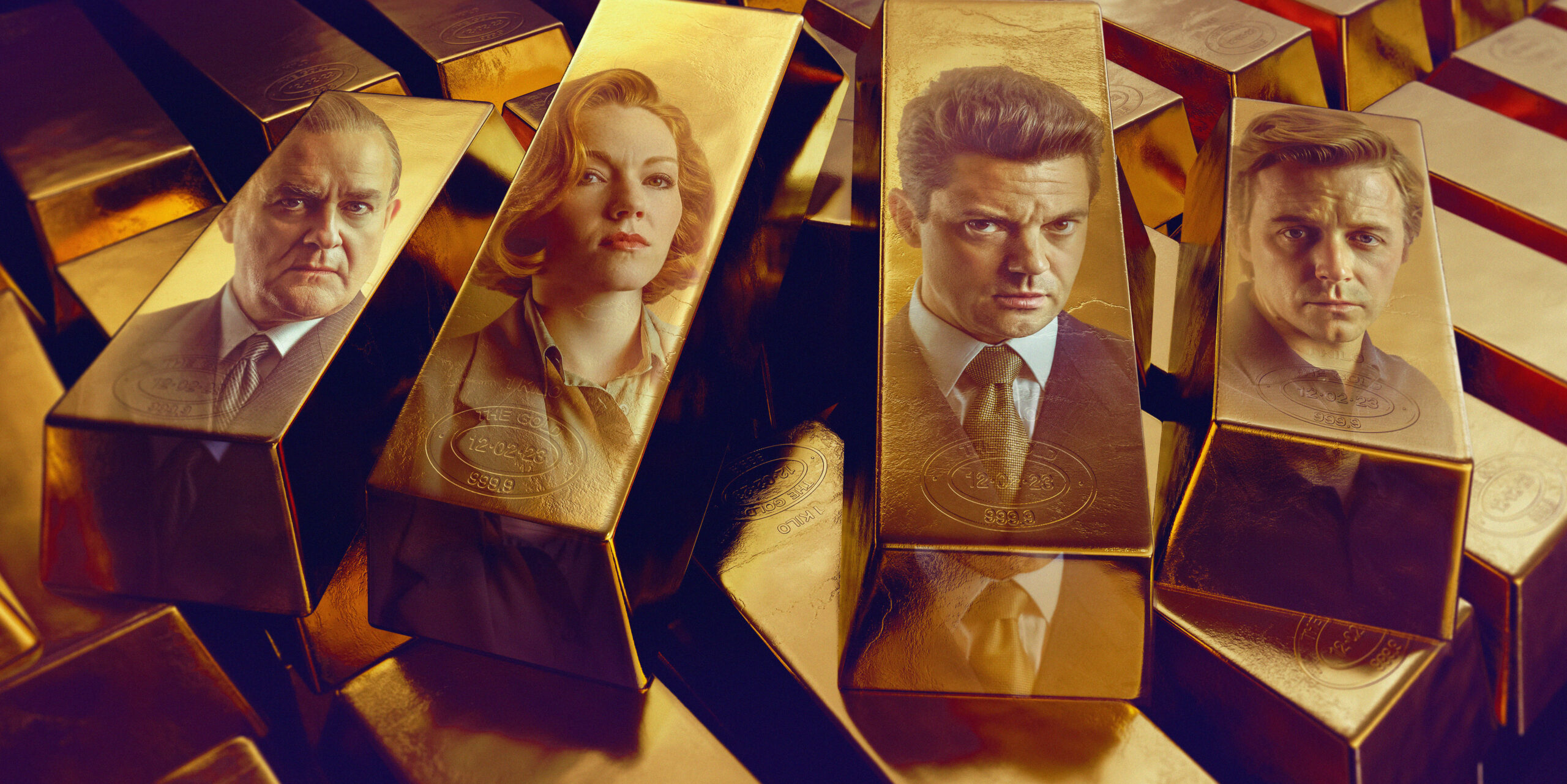 The cast of The Gold with their faces on the gold