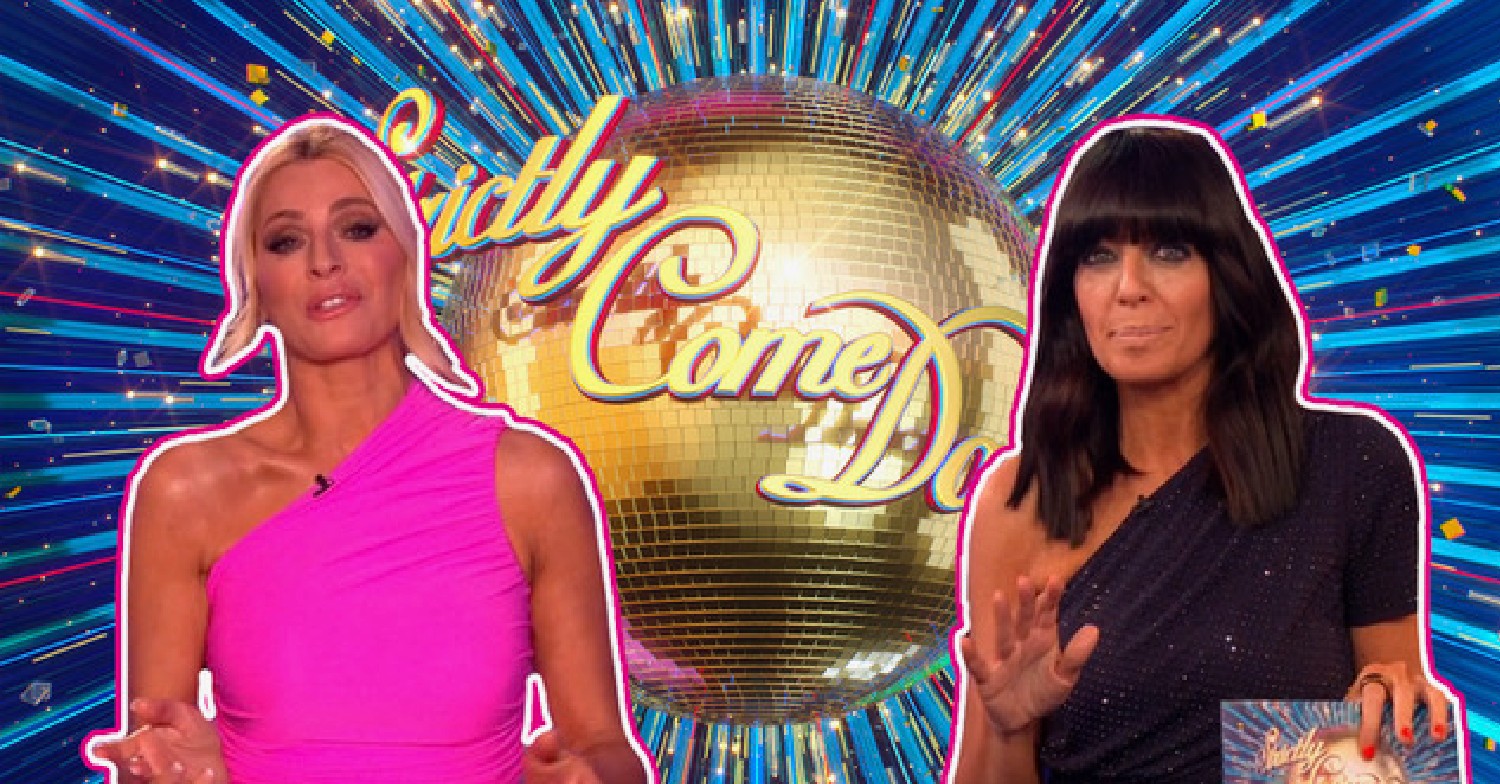 Claudia Winkleman and Tess Daly in front of Strictly logo