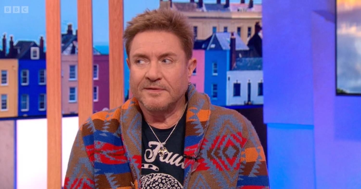 Simon Le Bon looks to the side on The One Show on BBC