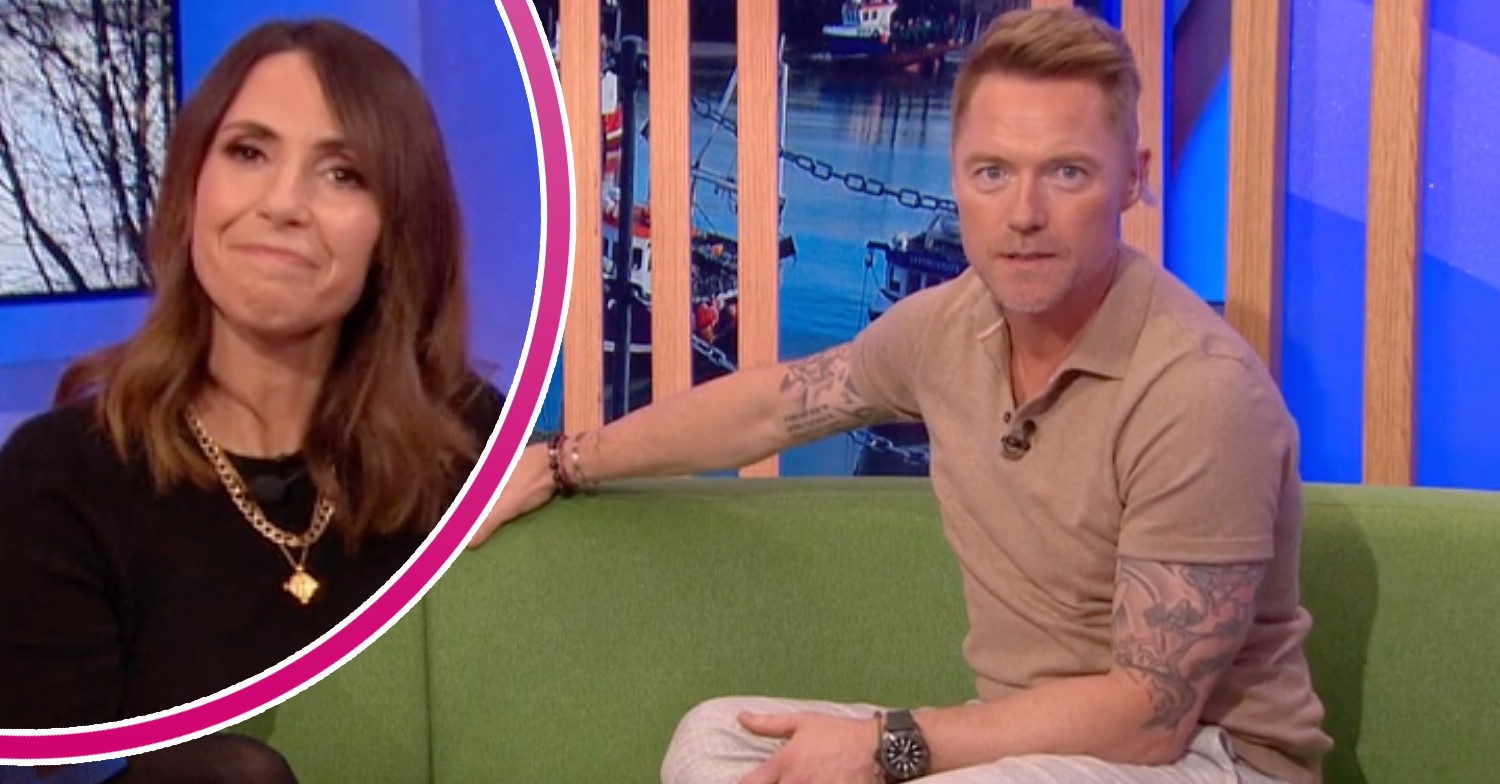 The One Show host Ronan Keating looks into the camera, Alex Jones has a fixed smile