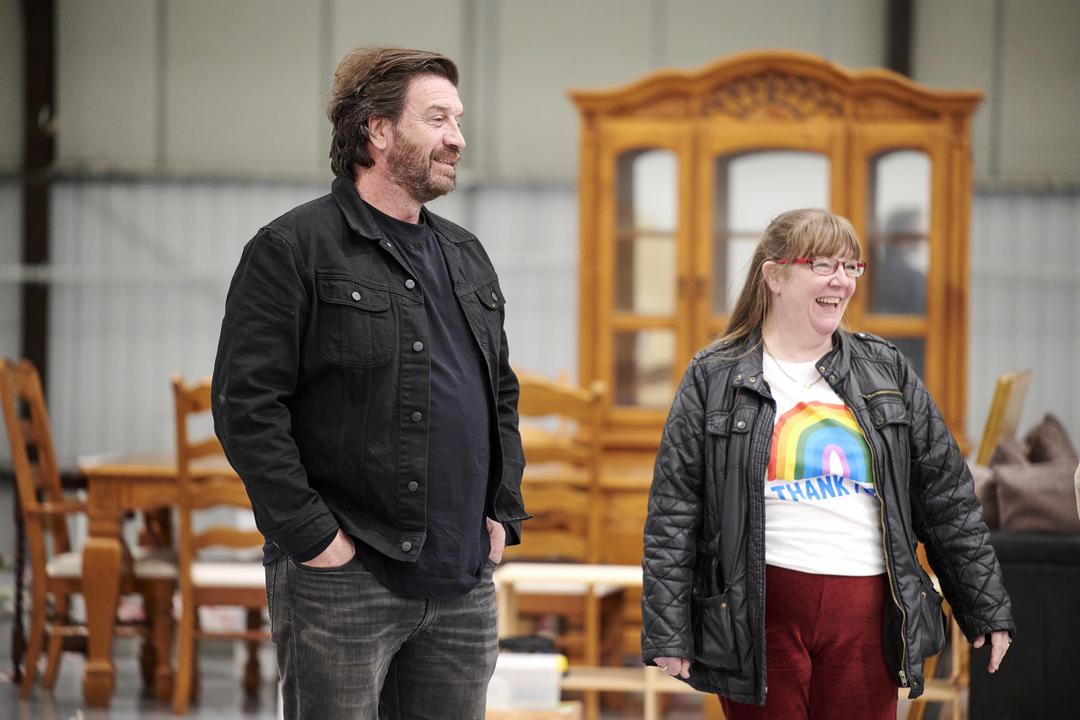 Nick Knowles stands with Donna in Big House Clearout 