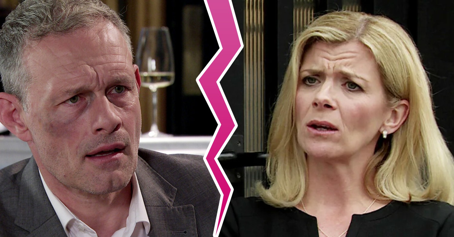 Composite image of Nick and Leanne on Coronation Street, both looking sad and upset, with a cracked border down the centre