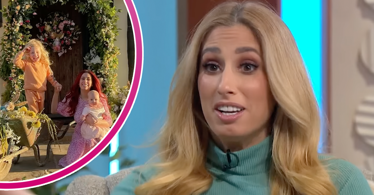 Stacey Solomon wearing green and her kids inset
