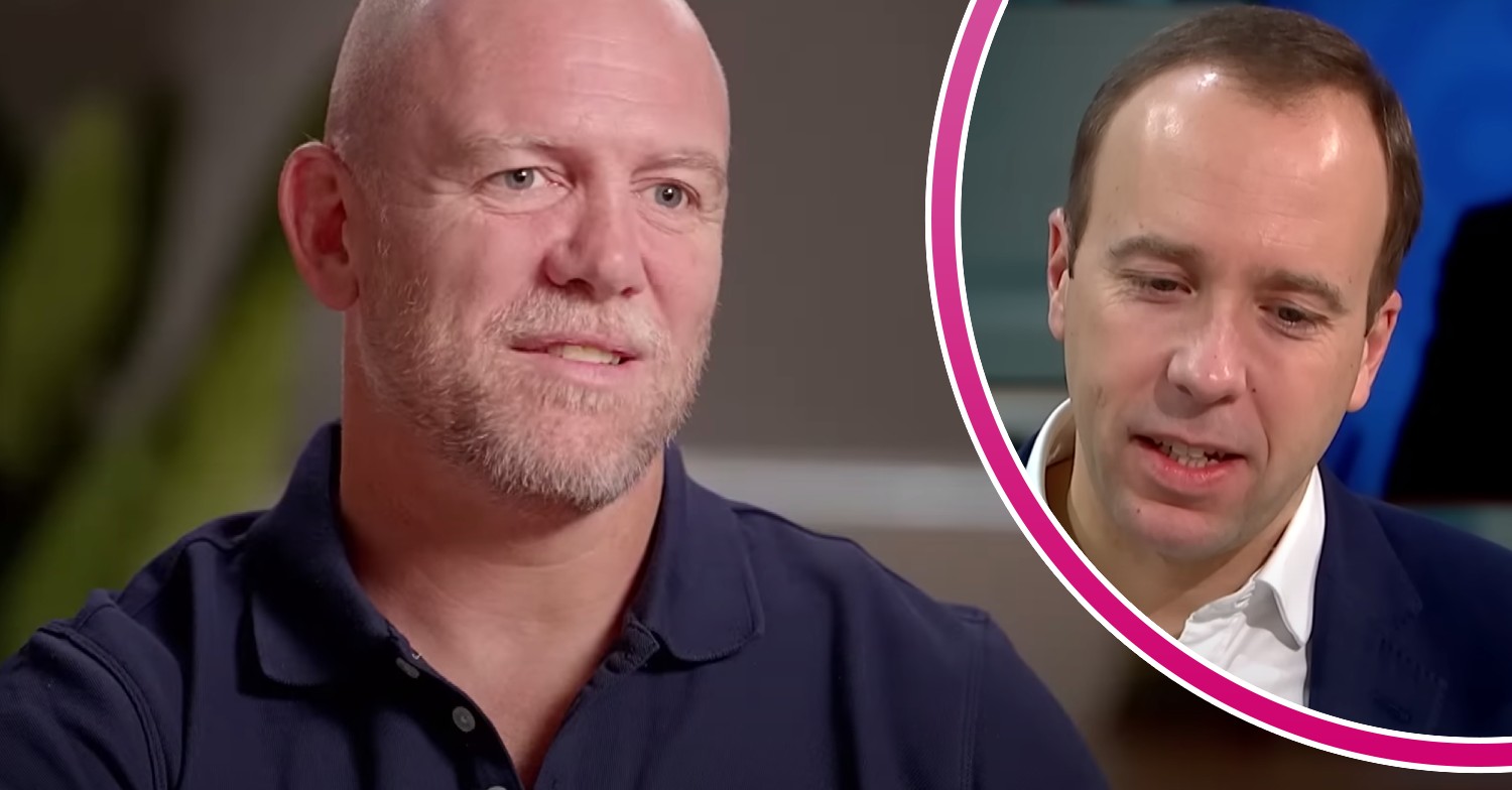 Mike Tindall smiles in podcast, Matt Hancock looks down on GMB