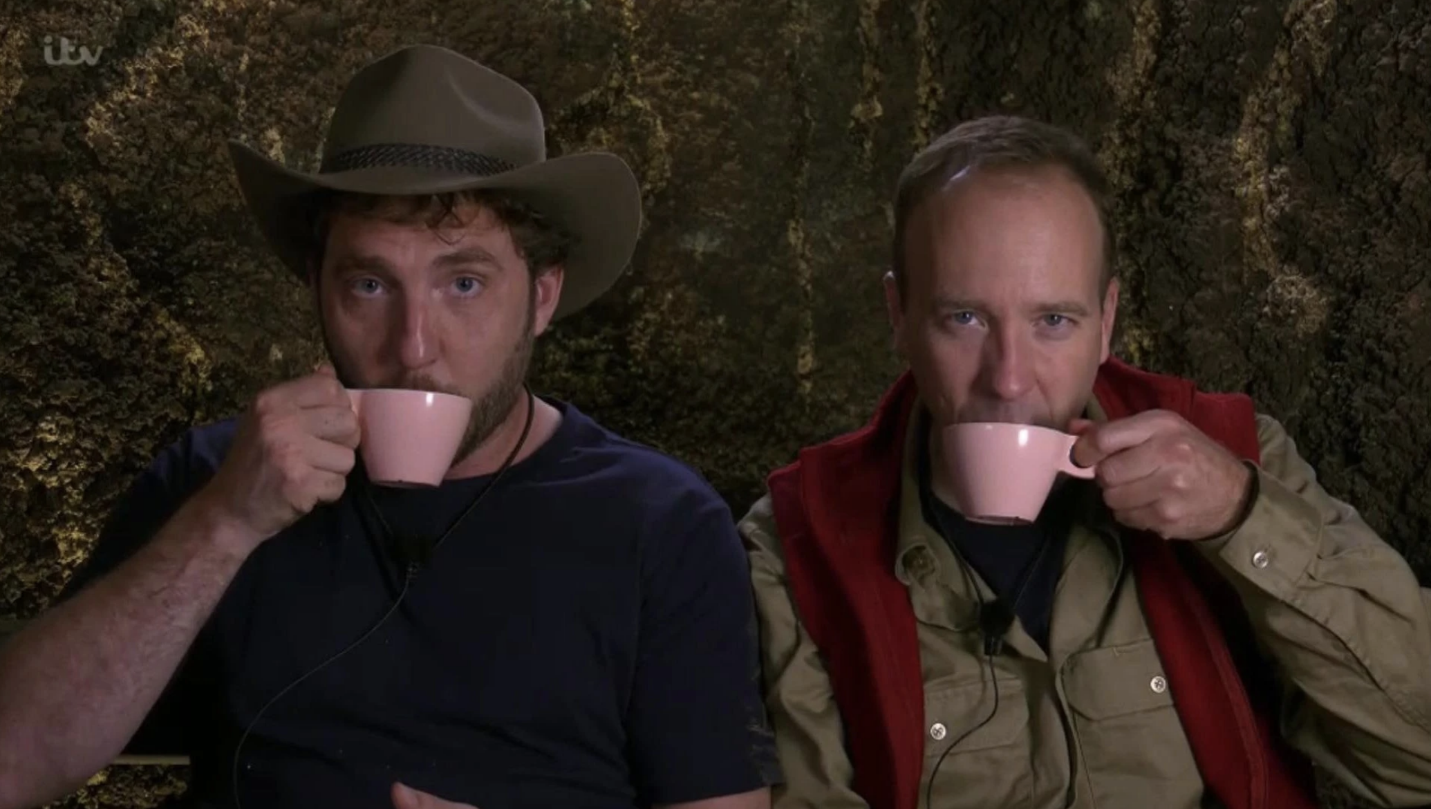 Seann Walsh and Matt Hancock I'm a Celeb drinking tea