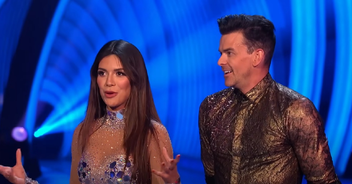 Ekin-Su talking as Brendyn grins on Dancing On Ice