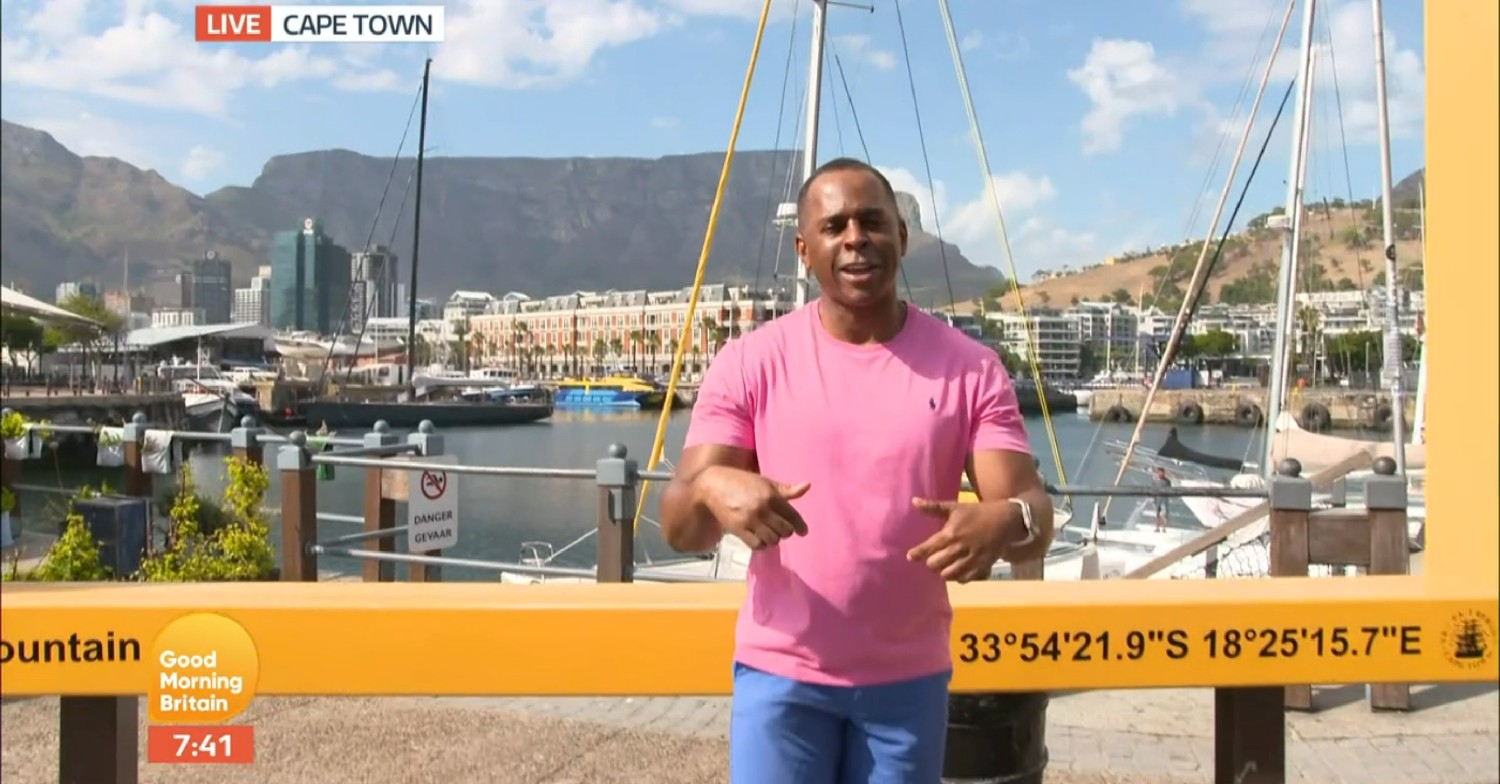 Andi Peters in pink t-shirt in Cape Town on GMB today