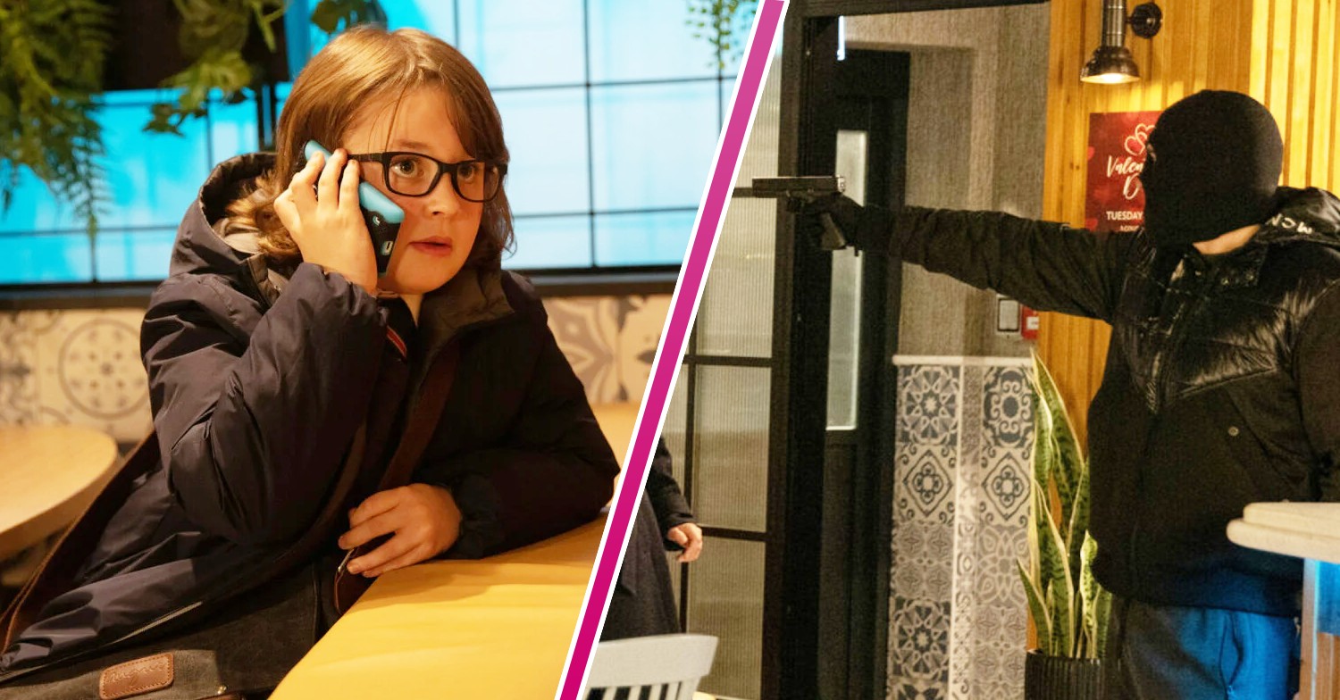 Composite image of Sam, on the phone, looking scared, and an armed gunman in the Bistro on Coronation Street (Credit: ITV/Composite: Entertainment Daily)