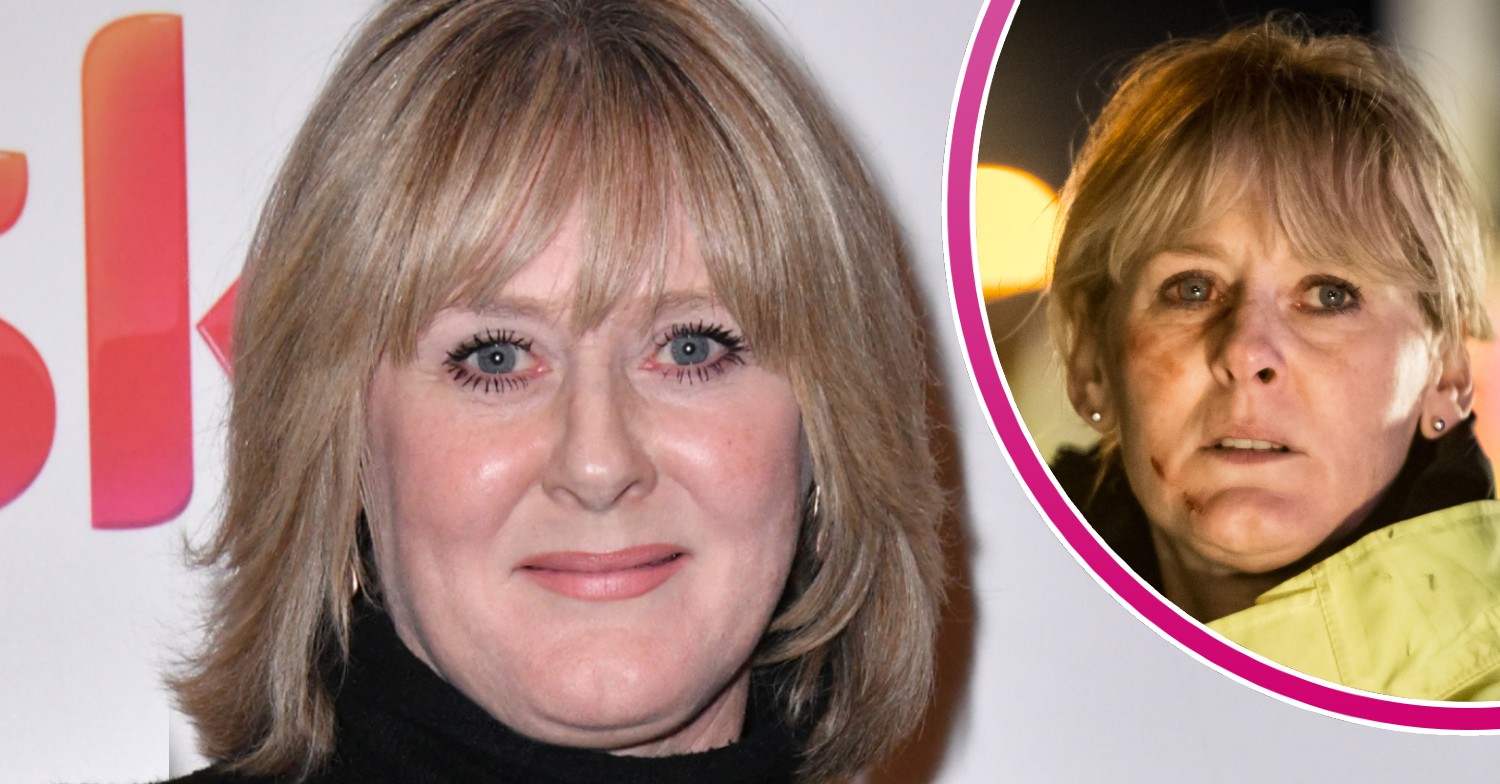 Sarah Lancashire smiling at event, Catherine Cawood looks scared in Happy valley