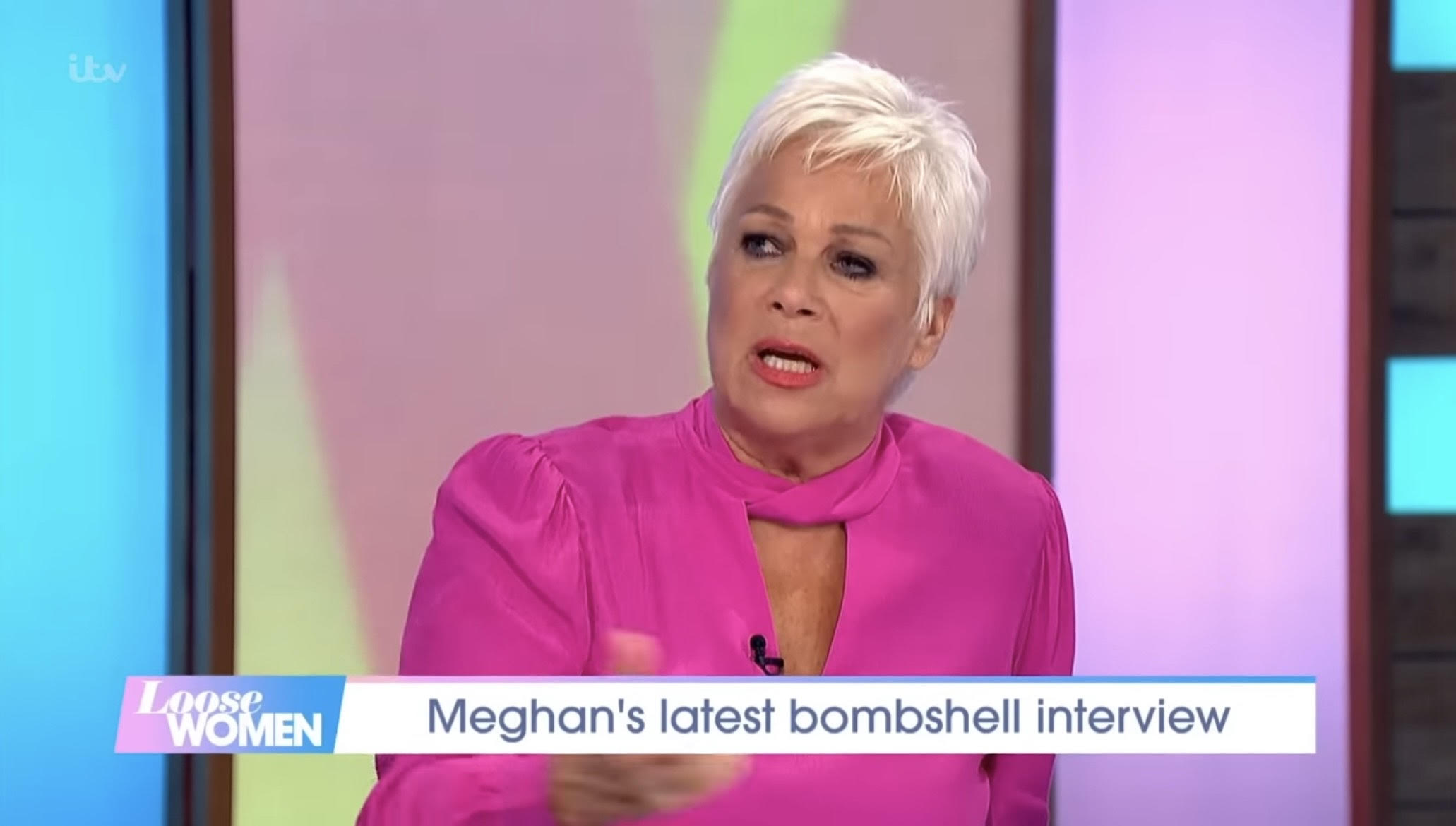 Denise Welch looks stern on Loose Women in pink top