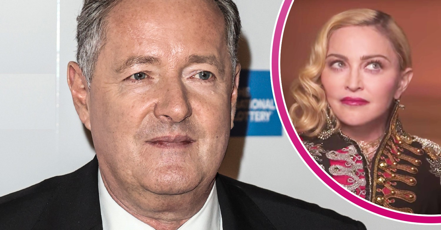 Piers Morgan looks self-satisfied, Madonna looks up to the side