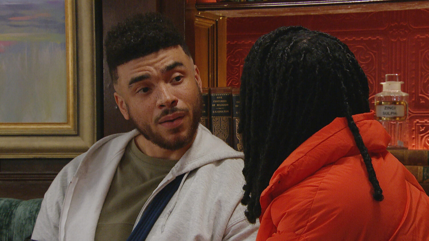 Nate talking to Naomi in the Woolpack on Emmerdale