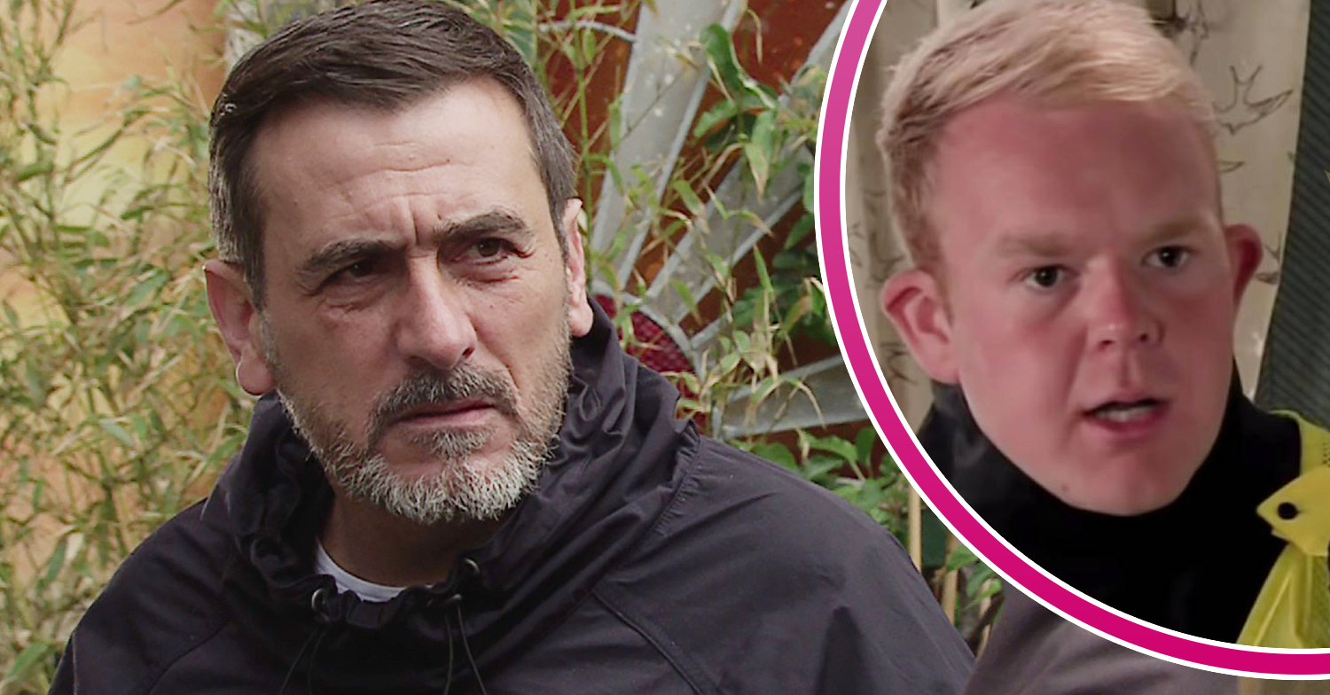 Coronation Street's Peter is looking angry and, in a bubble, is PC Craig