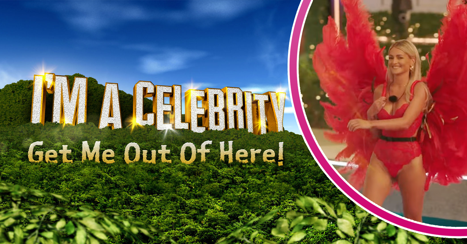 I'm A Celebrity logo and Claudia Fogarty in red feathers