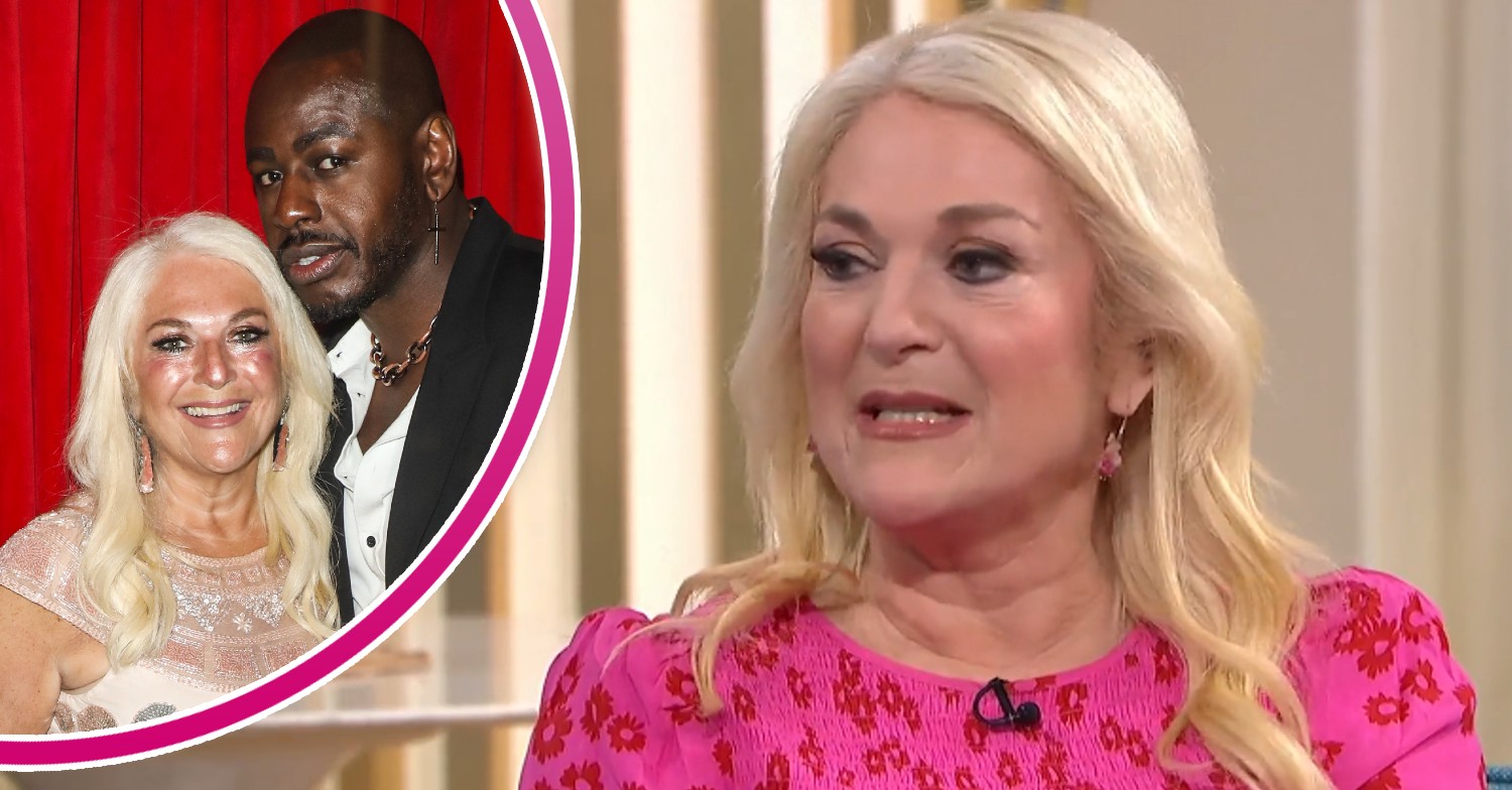 Vanessa Feltz and partner Ben smiling, Vanessa on This Morning looking sad
