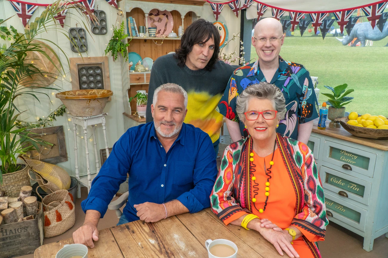 Prue Leith, Paul Hollywood, Noel Fielding and Matt Lucas pose for Great British Bake Off