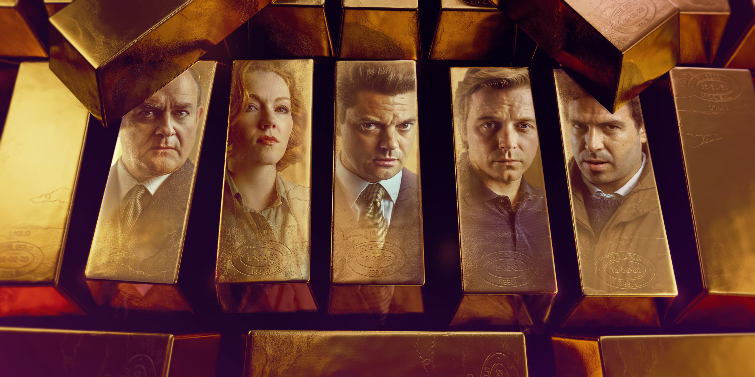 The cast of The Gold with their faces printed onto gold