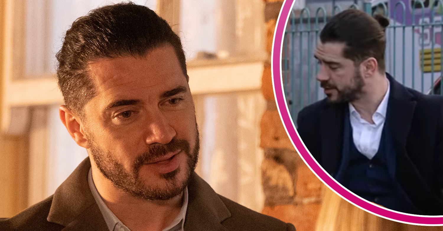 Coronation Street's Adam and, in a bubble, Adam with a man bun