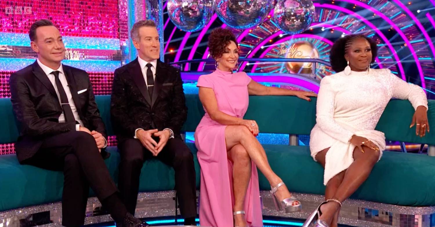 Anton du Beke and Shirley Ballas sit with the Strictly Come Dancing judges