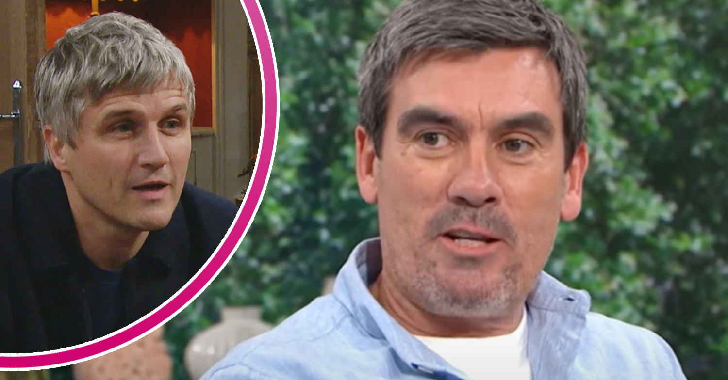 Emmerdale's Jeff Hordley and, in a bubble, is Caleb