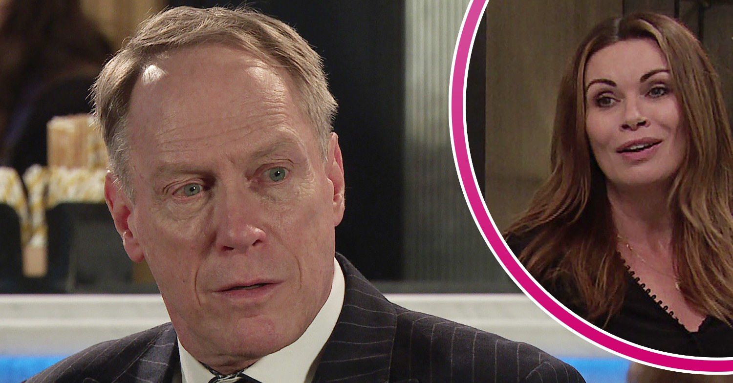 Stephen looking shocked and Carla smiling on Coronation Street