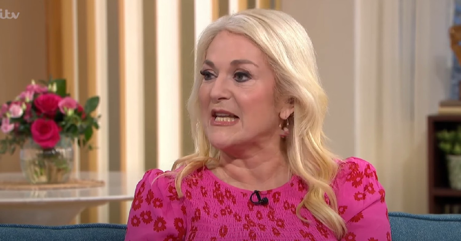 Vanessa Feltz speaking in pink dress on This Morning