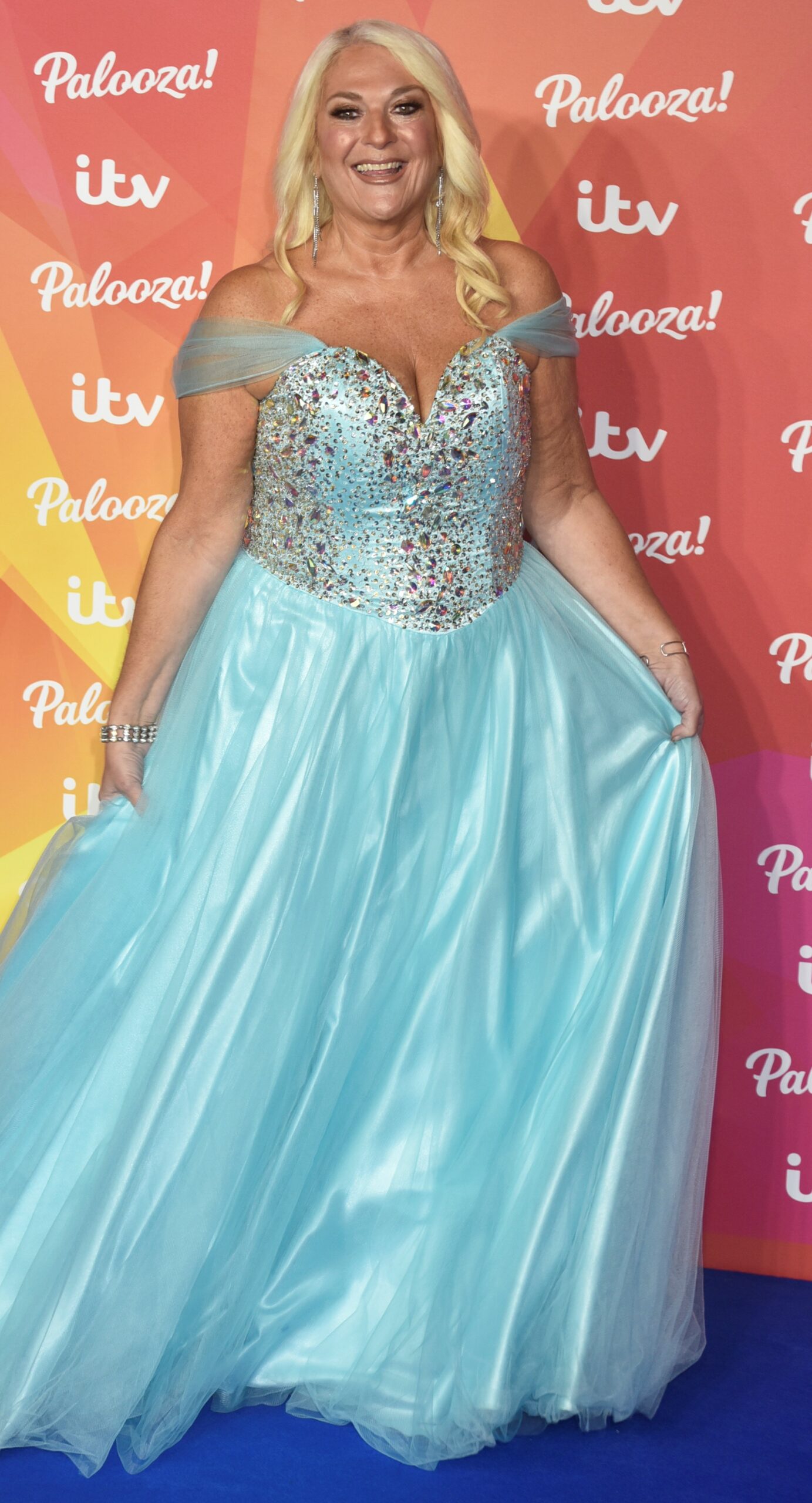 Vanessa Feltz in blue princess-style dress at ITV Palooza