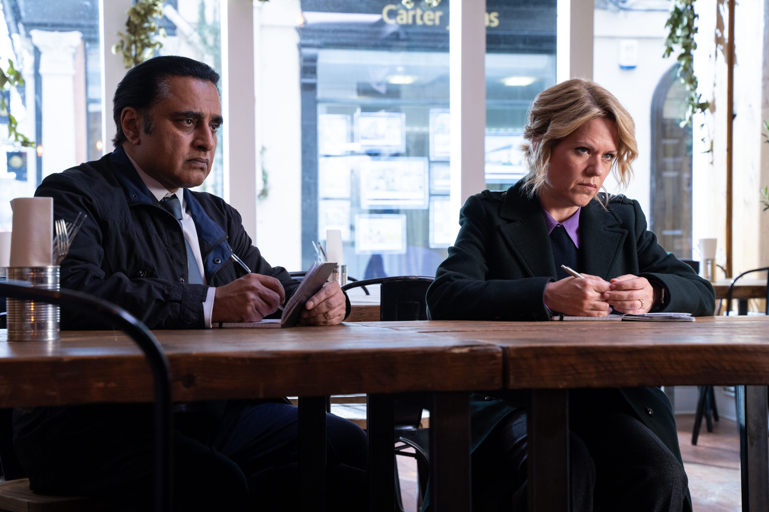 Jess James and Sunny sit together in Unforgotten season 5