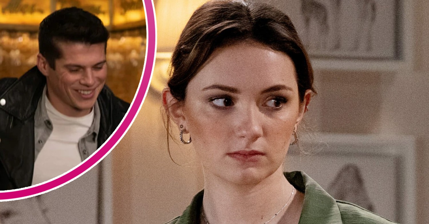 Gabby looks worried on Emmerdale - inset, Nicky the nanny is smiling (Credit: ITV/Composite: Entertainment Daily)