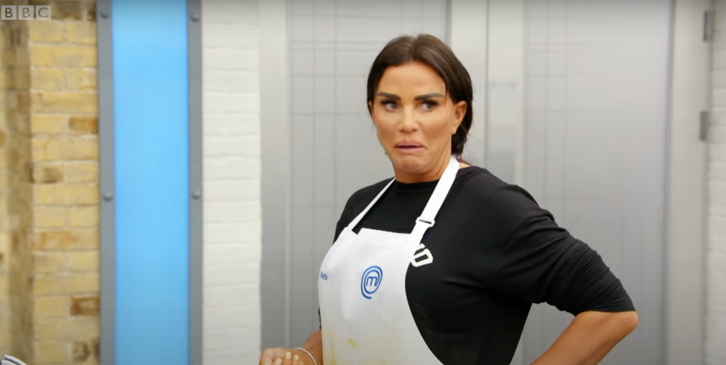 Katie Price pulling a funny face on Celebrity MasterChef
