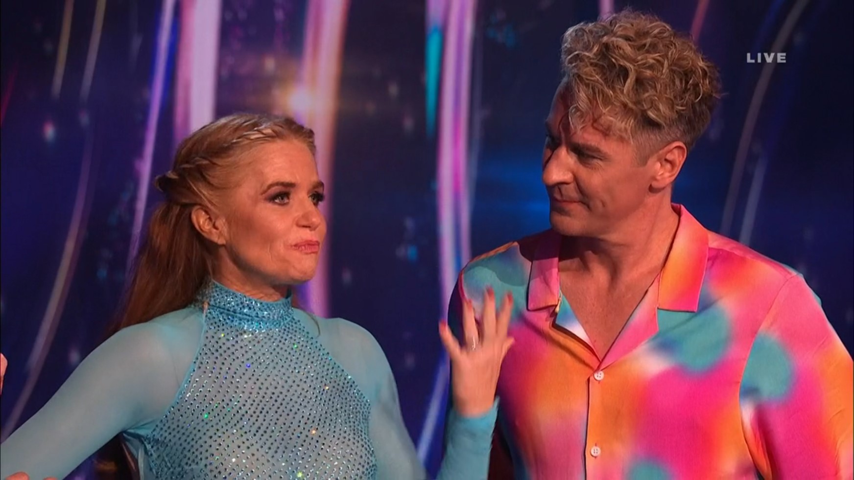 Matt Evers smiles at Patsy Palmer on Dancing On Ice last night