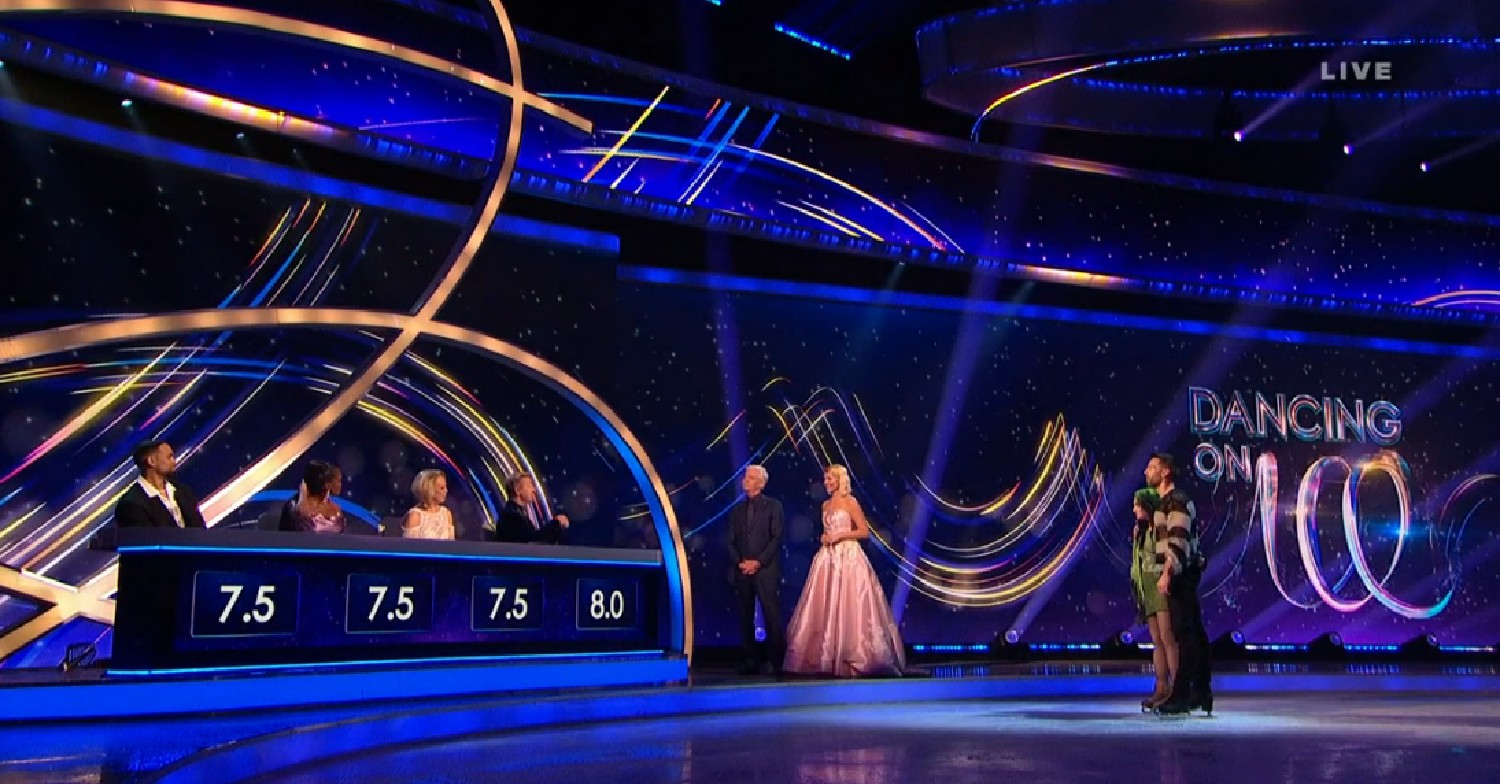 Mollie Gallagher getting scores from judges on Dancing On Ice alongside Holly and Phillip