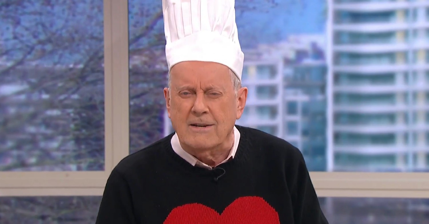 Gyles Brandreth wearing a chef's hat on This Morning today