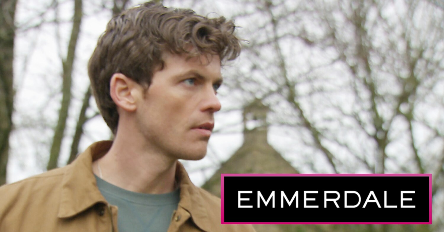 Marcus looking serious in Emmerdale, alongside logo