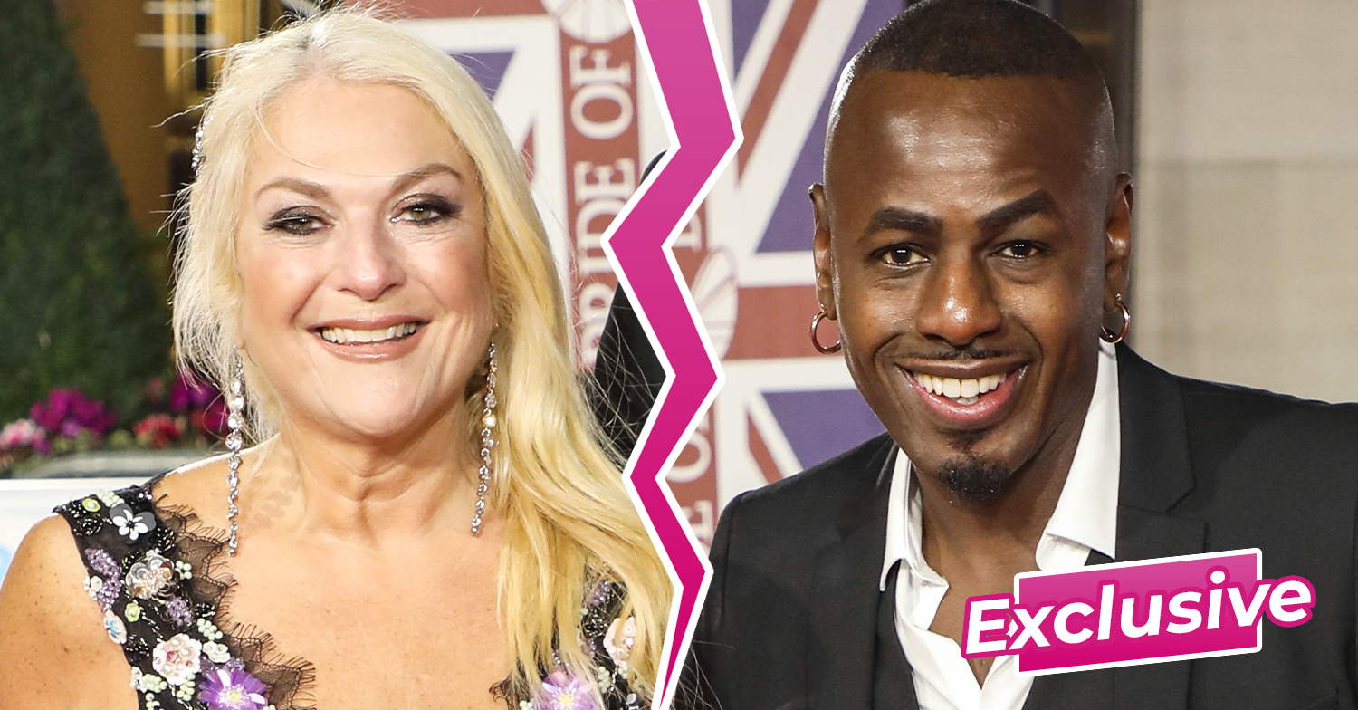 Vanessa Feltz and Ben Ofoedu separated by a pink crack