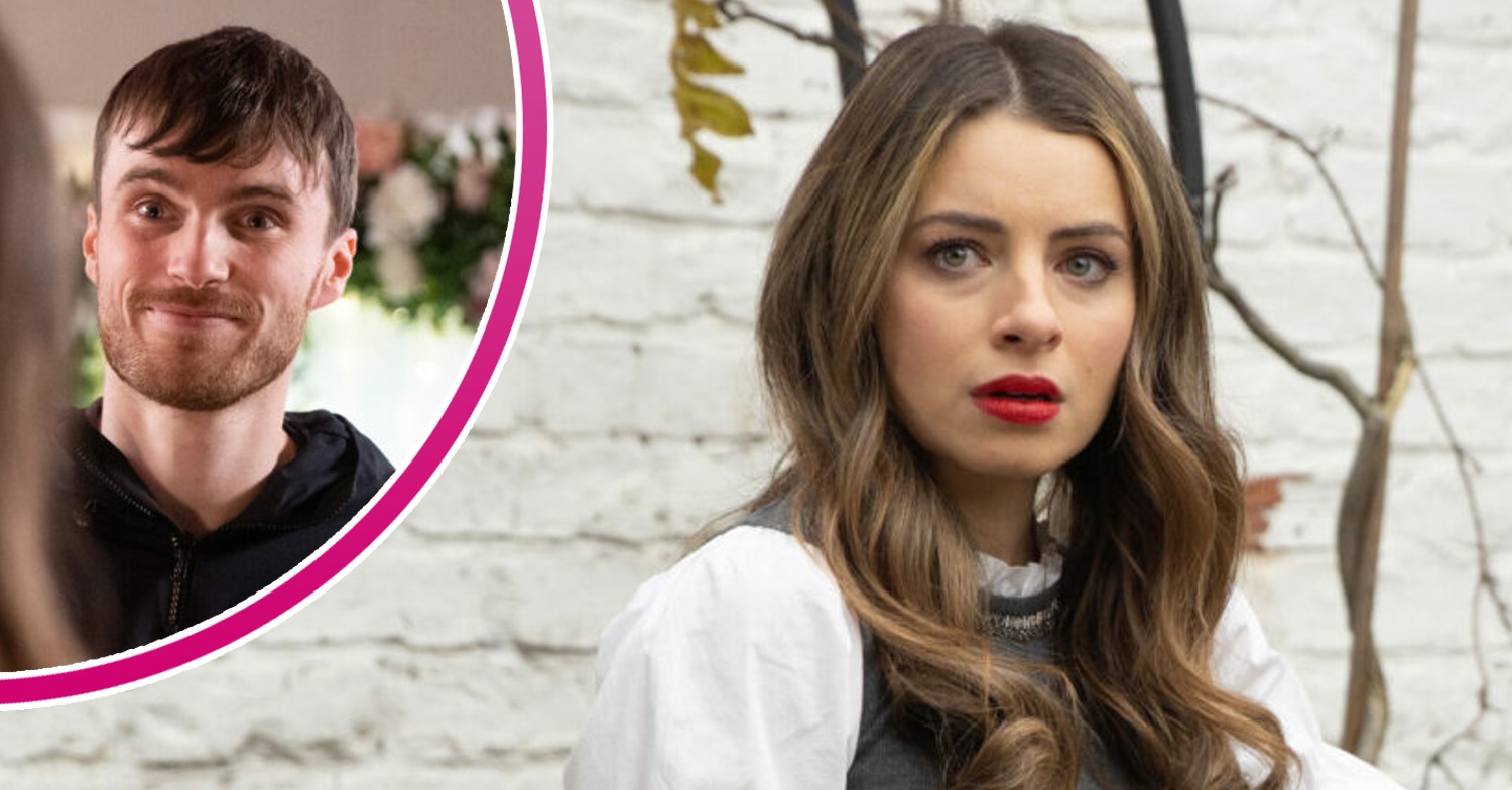 Daisy looks shocked on coronation street; inset, stalker Justin smiles creepily (Credit: ITV/Composition: Entertainment Daily)