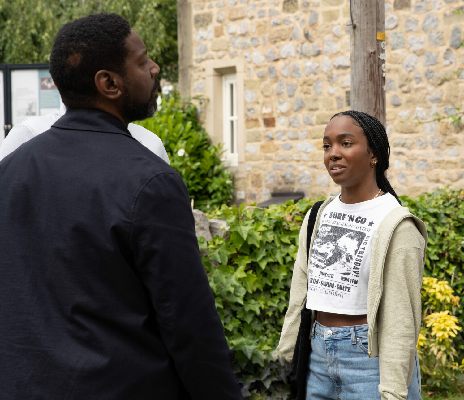 Charles talking to Naomi outside on Emmerdale