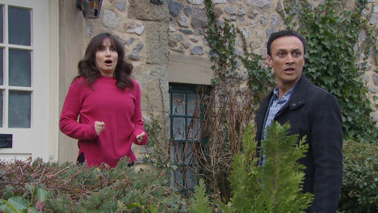 Leyla and Jai look horrified on Emmerdale