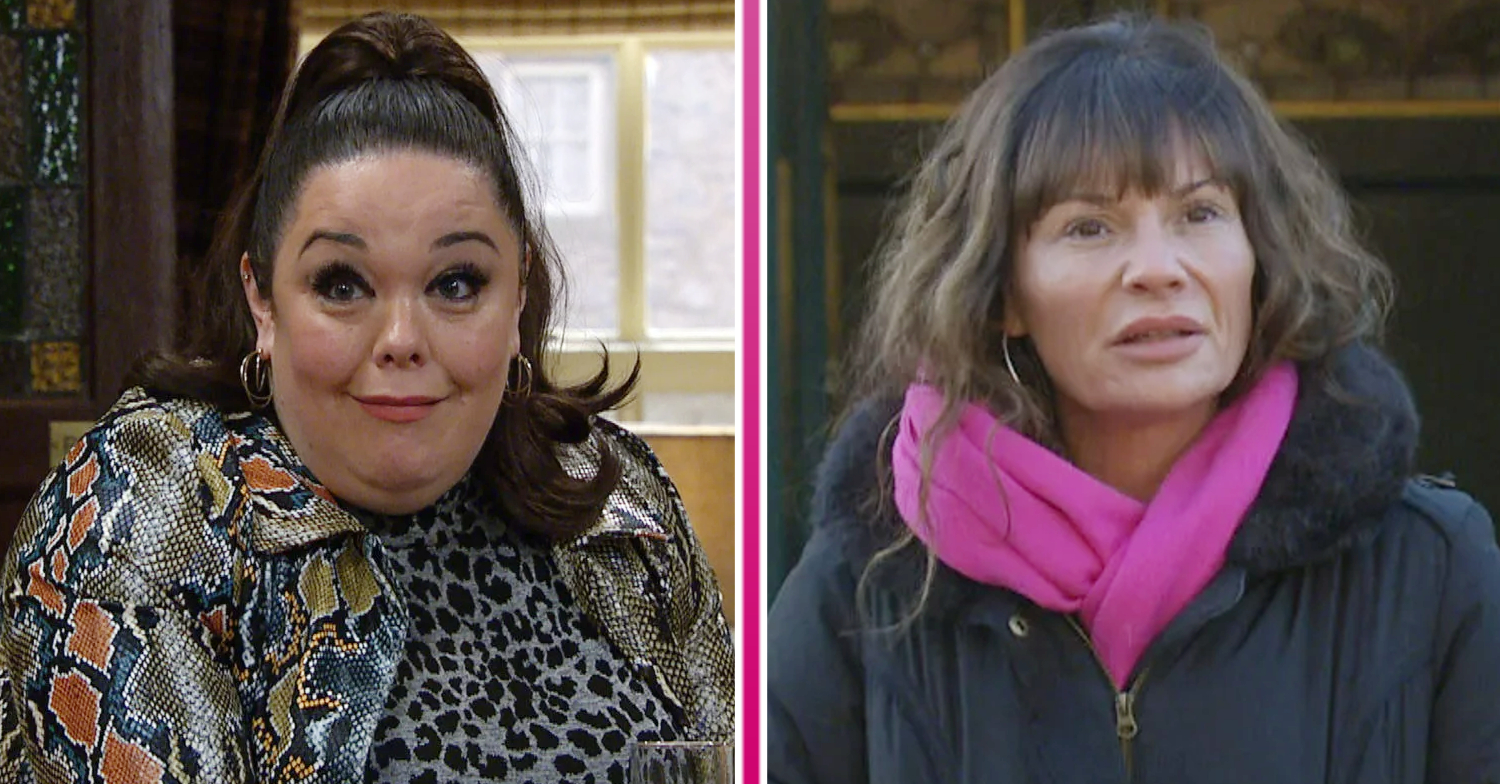 Emmerdale's Mandy is smiling and Chas is looking shocked