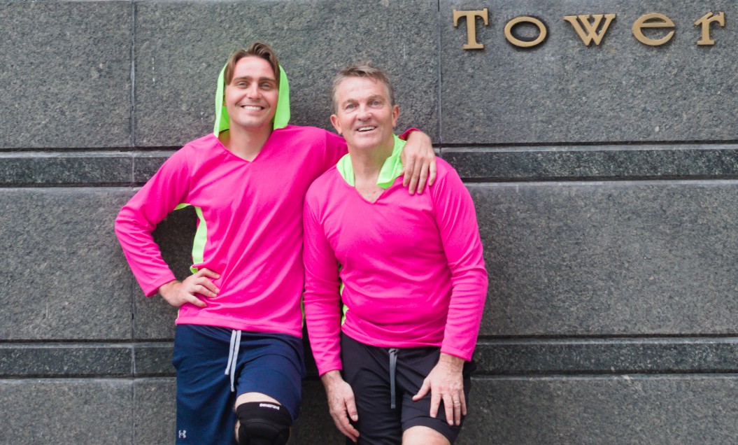 Barney and Bradley smile outside tower in Panama in Breaking Dad