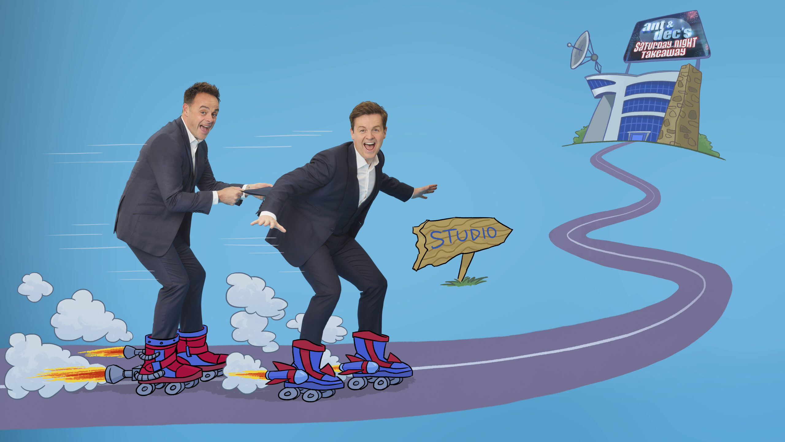 Ant and Dec smile on cartoon background for Saturday Night Takeaway