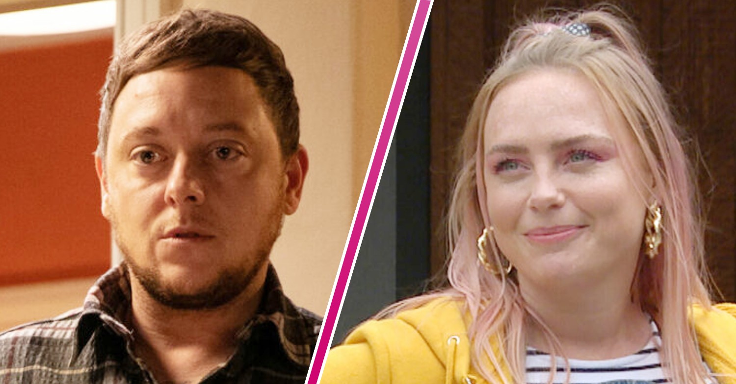 Composite image of Matty and Amy on Emmerdale; Amy is smiling, Matty looks shocked (Credit: ITV/Composite: Entertainment Daily)